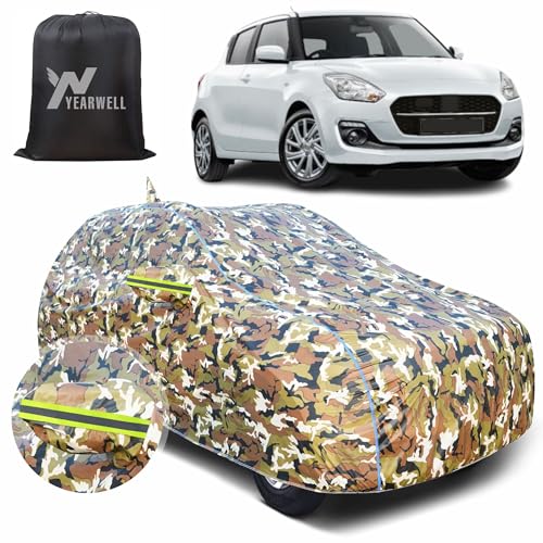 Image of Car Body Cover for Maruti Swift (2012-2017), 100% Waterproof with Mirror & Antenna Pockets, Military Print Design, UV & Dust Protection, Triple Stitched, Sky Piping & Reflector (Jungle Print)