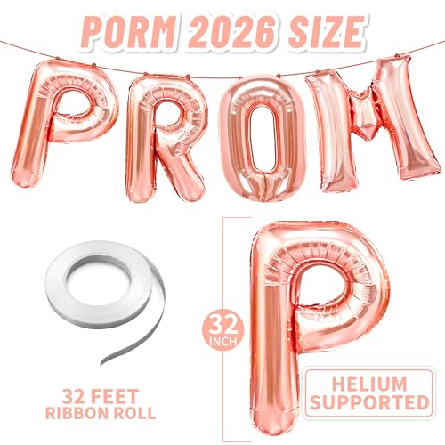 Image of Prom 2026 Balloons Rose Gold 32 Inch Giant - Prom 2026 Decorations Decor for Graduation Party Foil Mylar Balloons Banner Sign