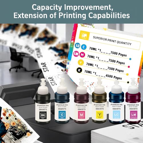 Image of KOSH T673 Refill Ink Compatible for Use in Epson L801, L805, L1800, L800, L810, L850, L1300, L605 Ink Tank Printers - 70 ML Each Bottle (6, Black Cyan Magenta Yellow Light Cyan Light Magenta)