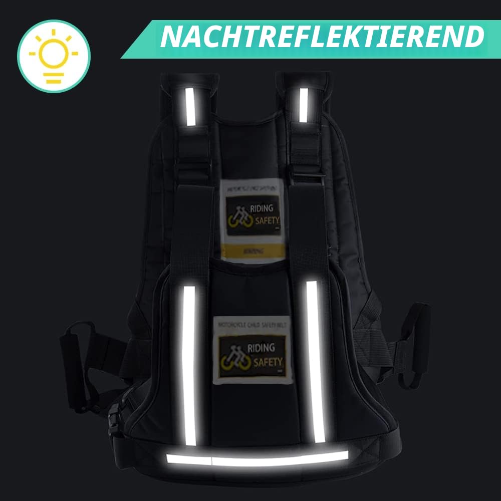Jolik Upgrade Kinder Motorrad Sicherheitsgeschirr verstellbar mit zwei Griffen, atmungsaktives reflektierendes Material in Schwarz