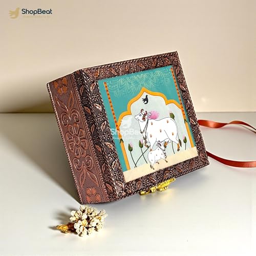 Image of Handcrafted Wooden Jewellery Box Copper Metal Finish (4 x 4 inch) - Pack of 2 | Oxidized Pichwai Cow Design | Decorative Organizer | Storage Box for Women Puja Festive Gifting | Sacred Teal
