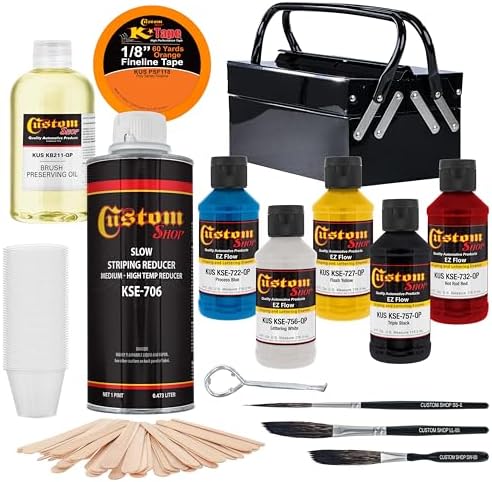 Custom Shop Pinstriping Deluxe Box Kit - 5 Colors, Tape, Chart, Reducer, Starter set of (3) Striping Brushes, Mix Sticks and Mixing Cups - Storage Box