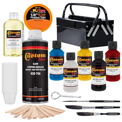 Custom Shop Pinstriping Deluxe Box Kit - 5 Colors, Tape, Reducer, Starter set of (3) Striping Brushes, Mix Sticks and Mixing Cups - Storage Box