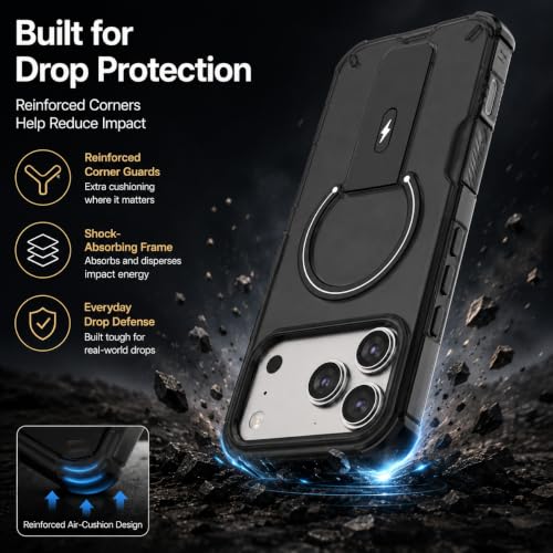 Image of MAGA Case with Stand for Apple iPhone 17 Pro | MagSafe Compatible, Rugged Hybrid Cover, Shockproof Armor, Scratch Resistant, Hard Polycarbonate Back, Soft TPU Bumper Translucent Matte Black