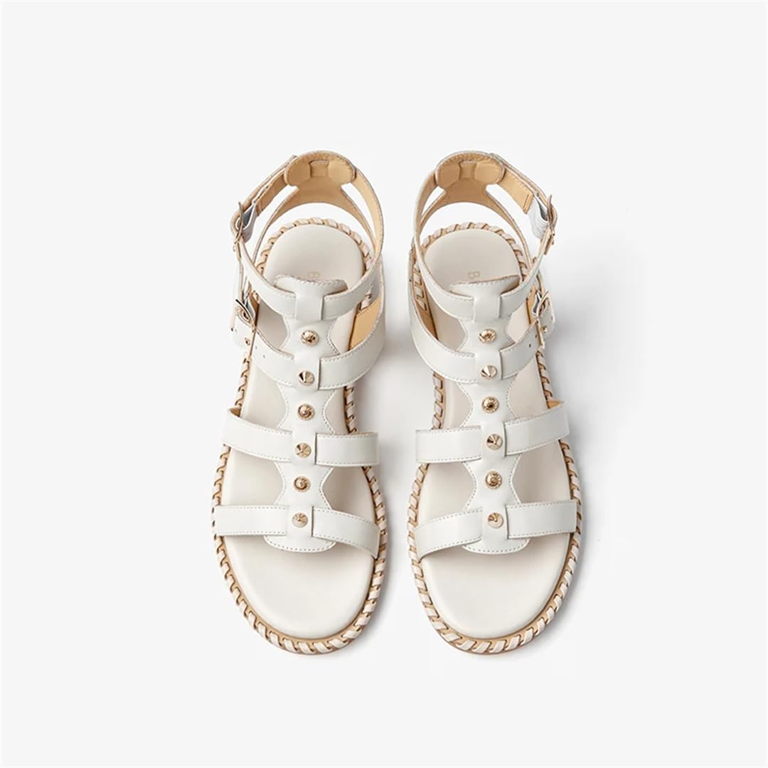 Sandalias de gladiador con correa de hebilla y correa al tobillo para mujer, tacón plano, estilo gladiador, piel de becerro, doble hebilla, de metal, informales, de verano