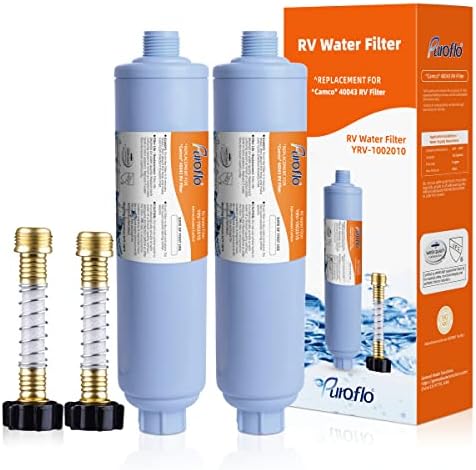 Puroflo RV Water Filter, RV Equipment for Journey Trailers w/ Versatile Hose Protector, Camper Water Filter Reduces Odors Chlorine in Consuming Water, Washing, Gardening, Marine/Boat/Motorhome, 2Pack