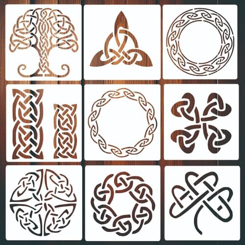 Baychendoo 9-Pack Celtic Knot Stencils for Painting on Wood - 6 Inch Reusable PET Templates for Wall, T-Shirt, Tote Bag & Furniture Painting, Irish Symbol Art for Baking, Embroidery & DIY Crafts