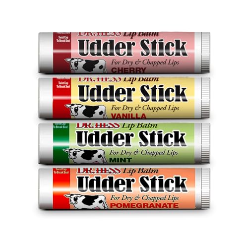 Dr. Hess Original Udder Stick SPF Lip Balm, Soothing Moisturizer Sun Screen Balm for Dry Lips with Jojoba, Beeswax & Shea Butter, Total Lip Care, Hydration & Repair, Cherry Flavor, 4 Pack