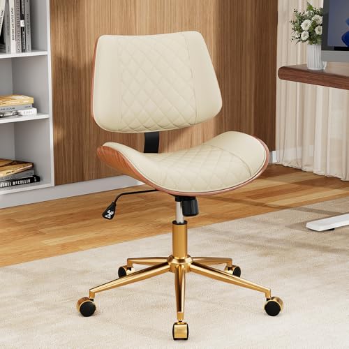 Image of Armless Office Chair with Back, Mid Century Modern Small Desk Chair, No Arms Leather Computer Chair for Home Office, Swivel Vanity Chair, Rolling, Adjustable Height (Ivory)