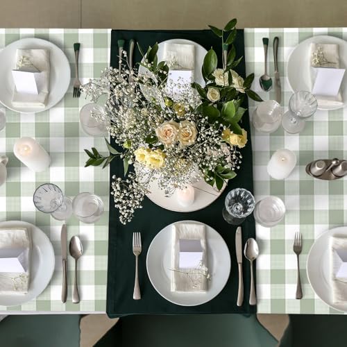 Image of Ganeen 3 Pcs Green and White Checkered Tablecloths Disposable Plastic Gingham Table Cloths Waterproof Rectangle Plaid Table Cover for Christmas Wedding Picnic Birthday Party Decor, 54 x 108 Inch