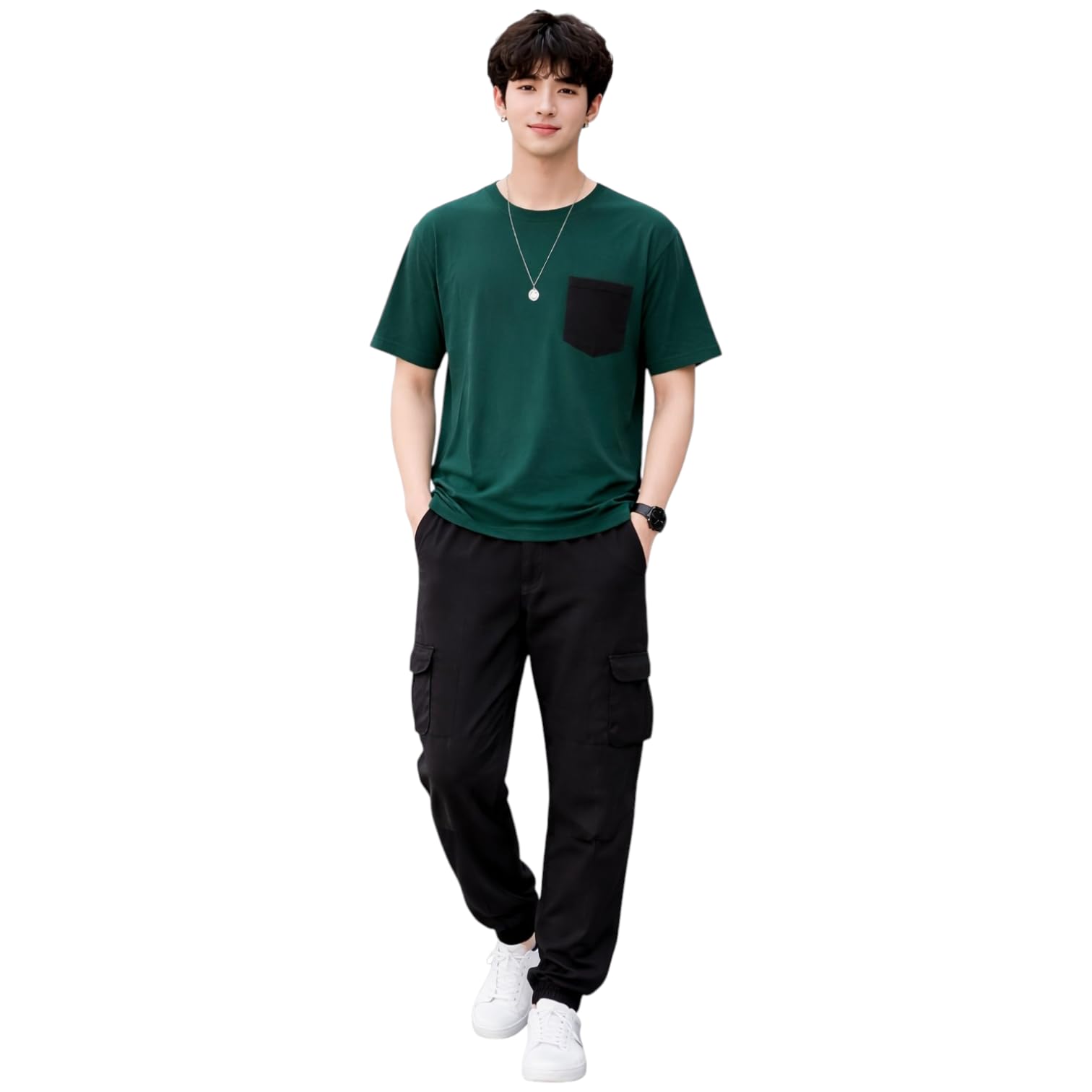 hazawa Men's Bottle Green T-Shirt with Black Cargo Track Pant Combo, Cotton Blend, 4 Pocket Jogger, Casual Activewear Set (IN, Alpha, M, Regular, Multicolor)-picture-36