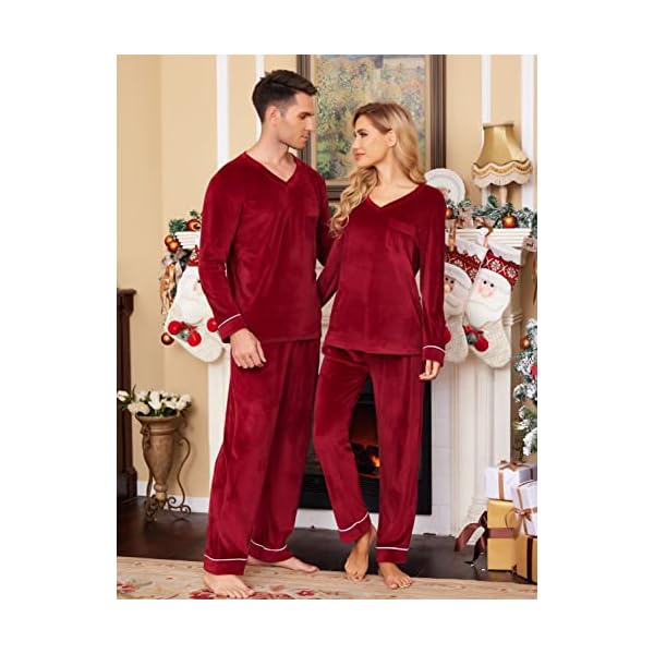 Ekouaer His Pajamas Sleepwear Matching Couple Christmas Pajamas Set with Pockets(Wine Red,S - Image 3