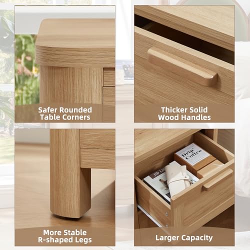 Image of Joaxswe Farmhouse Night Stand Set of 2 with Charging Station, Natural | Bedside Tables Set of 2 for Bedroom with 2 Deep Drawers & 4 Noise-Reducing Feet & Rounded Corners