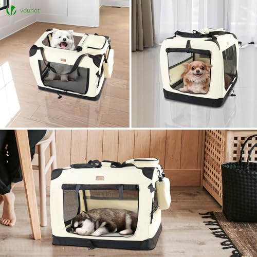 VOUNOT Hundebox faltbar, Transportbox Katze Hunde, Hundetasche, Oxford-Gewebe, Netzstoff, Atmungsaktiv, Transportabel, Metallrahmen, mit Griffen, Taschen, 60x44x44cm M, Beige