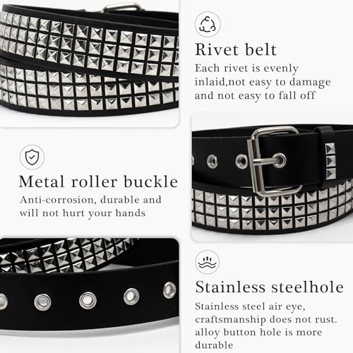 3 Pcs Black Studded Belt Y2K Belt Star Gothic Punk Rock Belts with Grommet Threads Bright Metal Pyramid for Women Men4