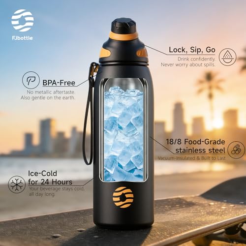 Image of Fjbottle 32oz Stainless Steel Insulated Water Bottle No Straw Spout Lid | Leakproof Keeps Cold 24H, Double Wall Vacuum Insulated, BPA Free, Easy to Clean Sports Water Bottle for Gym Hiking & Outdoor