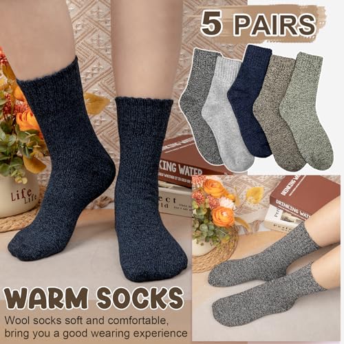 Image of Justay 5 Pairs Womens Wool Socks Thick Warm Winter Socks Casual Cozy Socks Vintage Knit Crew Socks Gift for Women