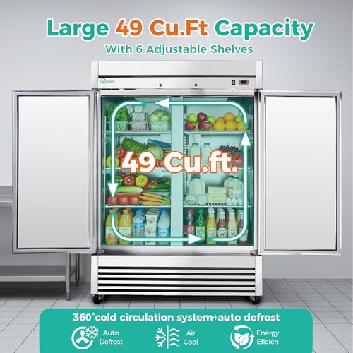 Image of 54 inch W Commercial Refrigerator 49 Cu.Ft Stainless Steel 2 Door Reach-in Fridge, 32-37℉ Precise Air Cooling Beverage Cooler with LED Light, 6 Shelves, R290 Compressor, ETL Certified for Supermarket Bar