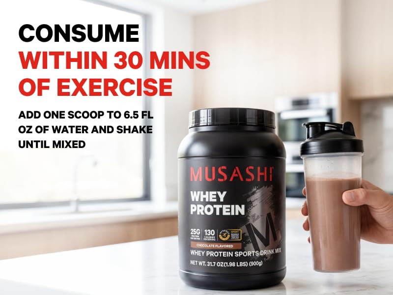 Image of Musashi Whey Protein Powder, Chocolate, 2kg (4.4 lb), WPC & WPI Blend, 25g Protein, 130 Calories per Serving | WPC & WPI Blend, 25g Protein per Serving, 130 Calories per Serving