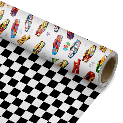 ZINTBIAL Race Car Reversible Wrapping Paper Roll - Gift Wrap with Black & White Checkered Flag on Reverse- Perfect for Holidays Birthdays Babay Shower and Christmas - 17.5 in x 33 ft (48 sq. ft)