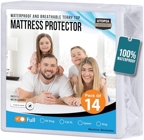 Utopia Bedding Waterproof Mattress Protector Full Size (Pack of 14), Premium Terry Mattress Cover 200 GSM, Breathable, Fitted Style with Stretchable Pockets (White)