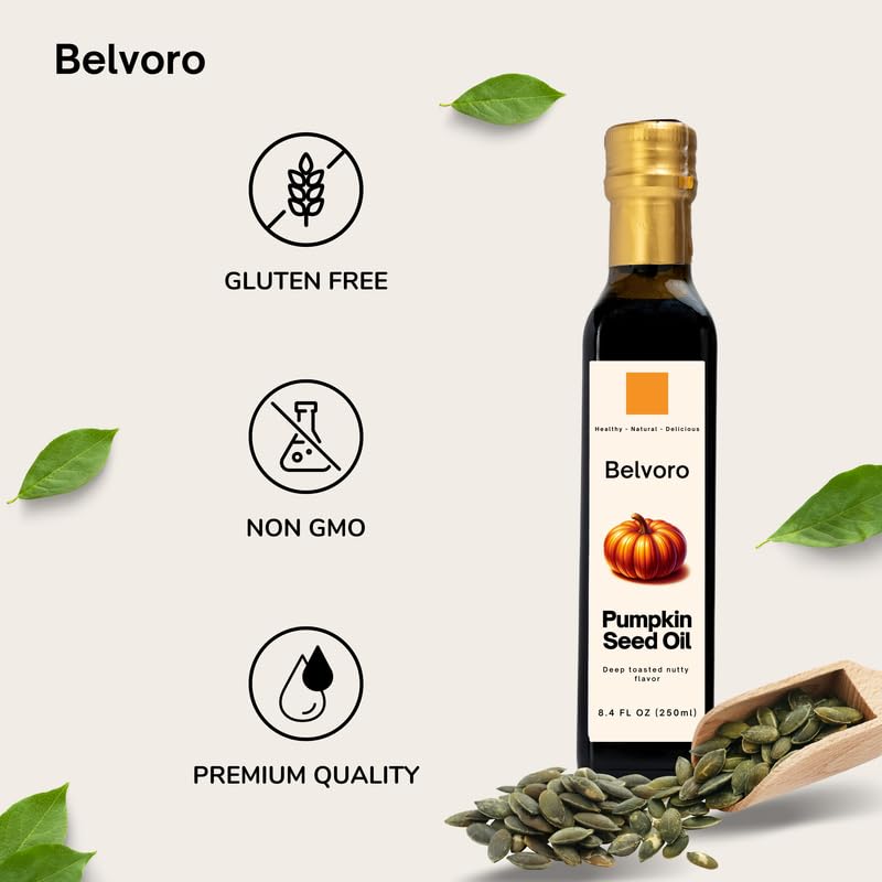 Belvoro Toasted Styrian Pumpkin Seed Oil | 270-Year Tradition | 100% Pure, Unrefined Roasted Pumpkin Seed Oil for Gourmet Cooking | Supports Heart Health & Hair Growth | Glass Bottle 8.4 FL Oz - Image 3