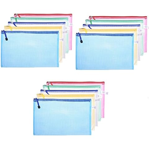 D-worthy 15 Pieces Plastic A5 Paper Document File Bill Invoice Zipper Bag Pencil Pen Stationery Storage Pouch Holder Office Supplies, Random Color Cover