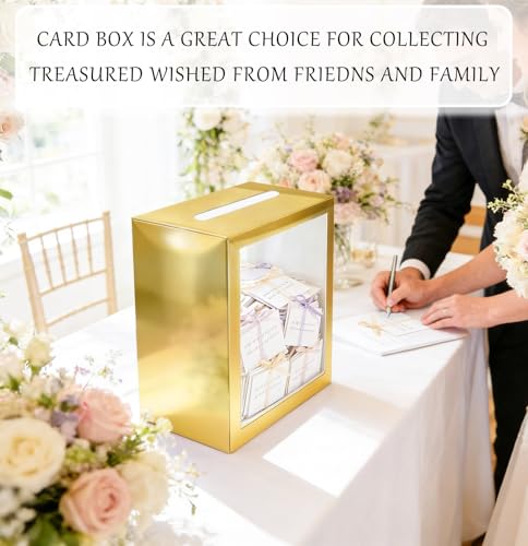Image of SietDESEO Gold Card Box for Party with Clear Window Large Gift Card Box Holder for Wedding Reception Birthday Graduation Baby Shower Raffle Ticket Box