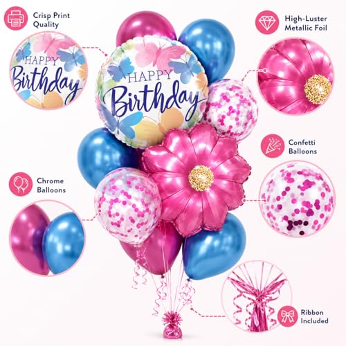 Image of AMFIN (Pack of 20) 17 Inch Butterfly Theme Birthday Balloon Bouquet Pink Blue Chrome Metallic Finish Foil Latex Confetti Women Girls Decoration Item Kit Rainbow Flower