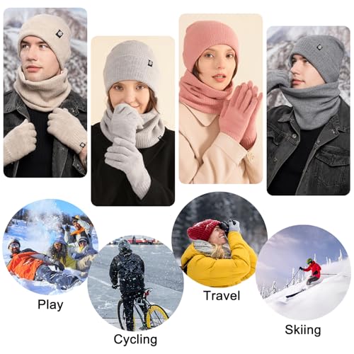 Enwokran 3 Stück Wintermütze Mütze Handschuhe Schal Set Thermo Strickmütze Elastischer Weiches Fleece Gebürstetes Innenfutter Schal Touchscreen Handschuhe Set für Kaltes Wetter (Schwarz)
