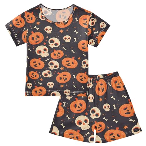 ALAZA Skeleton Halloween Pumpkin Pajamas Set Short Sleeve Cotton Sleepwear Summer Pjs 2 Piece 5-14Y