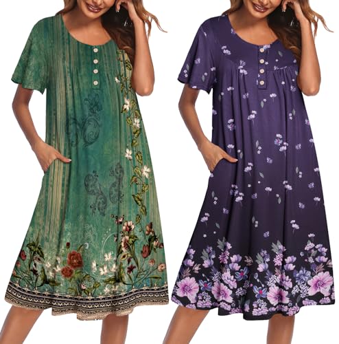Ekouaer 2 Pack House Dresses for Women with Pockets Short Sleeve Moomoo Nightgown Plus Size Mumu Dress Floral Lounge Dress Floral Green/Floral Purple XXL