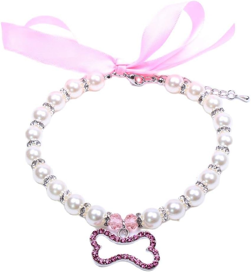 SKS PET TM Dog Cat Pearls Necklace Collar Bling Accessories Ribbon Bone Charm Pendant Pet Puppy Jewelry for Female Puppy Chihuahua Yorkie Adjustable Handmade (XL, Pink)