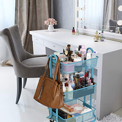 DESIGNA 3-Tier Metal Mesh Utility Cart, Rolling Storage Art Carts with Handle, Bathroom Craft Supply Carts with Wheels, Turquoise