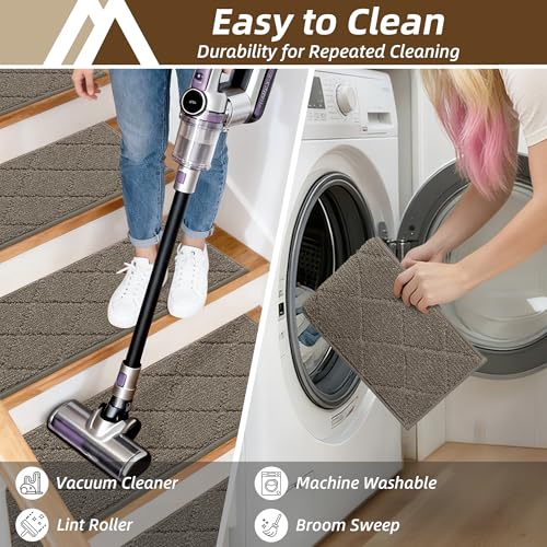 Image of COSY HOMEER Stair Treads for Wooden Steps 9 inchx28 inch Washable Indoor Carpet Stair Treads Non Slip Soft Polyester Stair Carpet Tread Reusable Stair Runner Rugs for Kids, Elders,Pets,Light Brown,15pcs