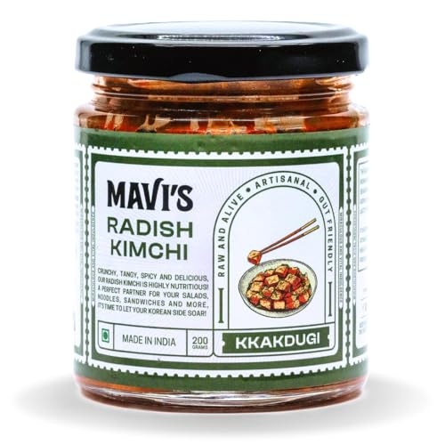 Image of MAVI's Radish Kimchi | Korean Style Vegan Kimchi | Artisanal Probiotic Pickle | 100% Natural & Organic | No Preservatives, Artificial Flavour or Colour | Pack of 1 (200g)