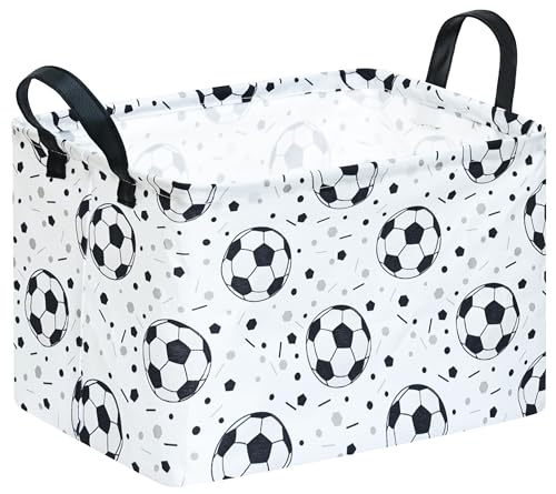 Image of Kids Storage Basket with Soccer Print, 14.5 inch x 10.2 inch x 9.1 inch, Waterproof with Leather Handles, Collapsible Rectangular Bin for Boys Sports Gear, Toys & Laundry