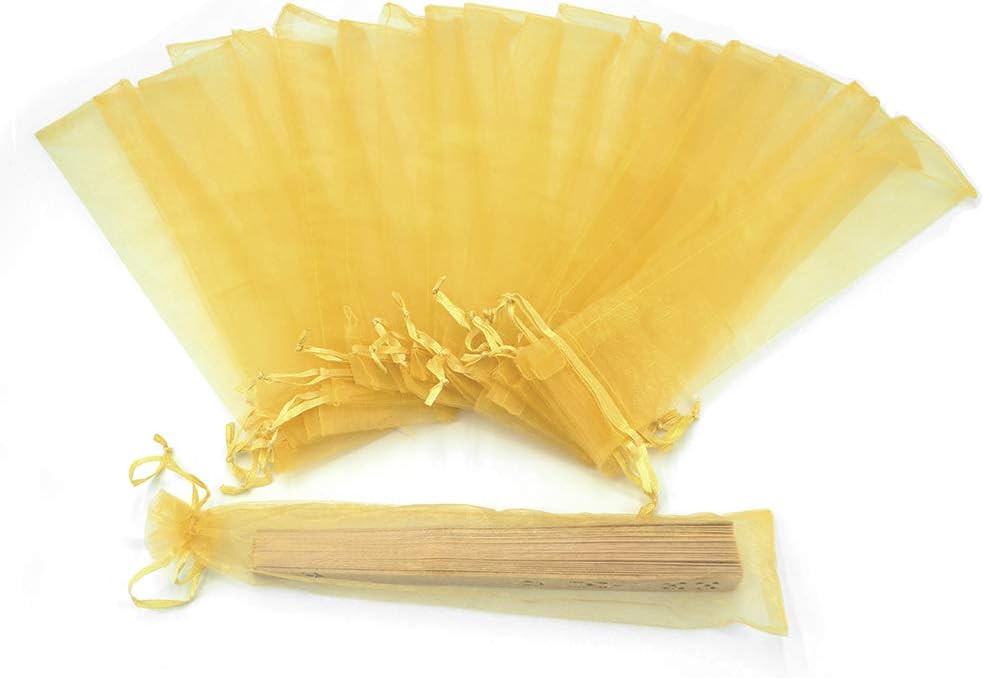 50Pcs Golden Organza Hand Fan Bags, 2x10 Inches Folding Fan Drawstring Organza Gift Bag Hand Fan Pouch Party Wedding Favor Bags