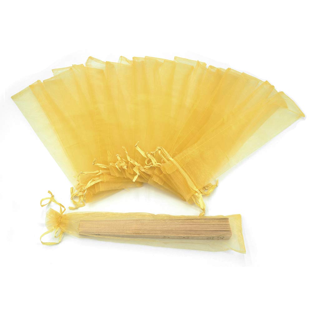 50Pcs Golden Organza Hand Fan Bags, 2x10 Inches Folding Fan Drawstring Organza Gift Bag Hand Fan Pouch Party Wedding Favor Bags
