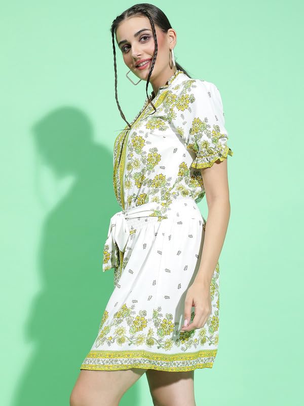 Image of oxolloxo Women Scarf Floral Print with Elasticated Waist Tie-Knot Belt Detail Dress with Short Sleeve