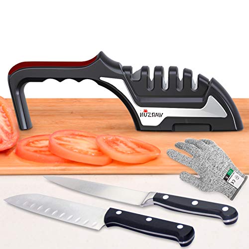 WARSUN Kitchen Knife Sharpener Electric, 2-in-1 Work Sharp Knife Sharpening, 4 Stage Diamond Really Works for Ceramic and Steel Knives, Scissors with Cut Resistant Glove MD101 Black