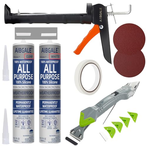 Caulking Tool Kit, Caulking Gun, 2 White/Clear Silicone Sealant with Gun - All-Purpose 100% Silicone Caulk (20 oz Tube), and 5 in 1 Scraper/Smoothing Tool, Sandpaper, Gloves and Masking Tape
