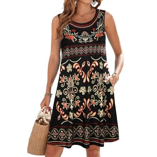 CHICGAL Womens Summer Dresses Casual Loose Pleated Front Tshirt Sleeveless Tank Sundresses with Pockets Small Black Boho