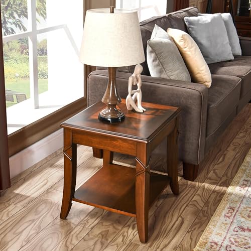 MODERION-Solid-Wood-End-Table-with-Storage-Shelf-Mid-Century-Sofa-Side-Table-with-Splicing-Tabletop-and-Carved-LegBeside-Table-Telephone-Table-for-Living-RoomEasy-Assembly-Cherry-Brown-CJZ-DR200 MODERION Solid Wood End Table with Storage Shelf Mid Century Sofa Side Table with Splicing Tabletop and Carved LegBeside Table Telephone Table for Living RoomEasy Assembly Cherry Brown CJZ DR200