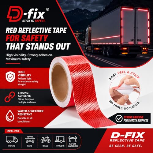 Image of D-fix High Intensity Radium Reflective Tape - 5 Meters in Length - 48mm / 2 inch Width - 1 Roll Per Pack - Car Bike and commercial vehicles Conspicuity reflective warning Tape Reflective tape-Red