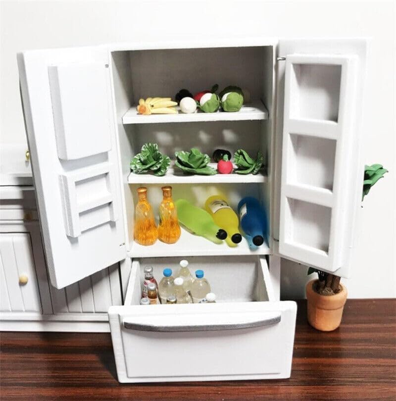 Image of EatingBiting 1:12 Scale 1 /12 Mini Furniture minihouse Kitchen White Refrigerator Fridge with 2 Doors Furniture Accessories Wooden Refrigerator Fridge Freezer