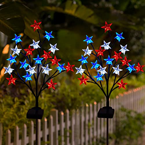 2 Packs Solar 4th of July Decorations Outdoor Lights Solar Red White and Blue Star Pathway Lights Waterproof Outdoor Patriotic Decorations Lights for July 4th Memorial Day Garden Yard Pathway Grave