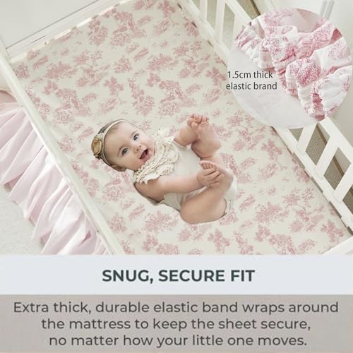 Image of Brandream Baby Crib Sheets for Girls Boys, Fitted Crib Sheet for Standard Crib and Toddler Mattress, Super Soft 100% Cotton Baby Sheet French Country Pink Toile Floral Print, Crib /Toddler