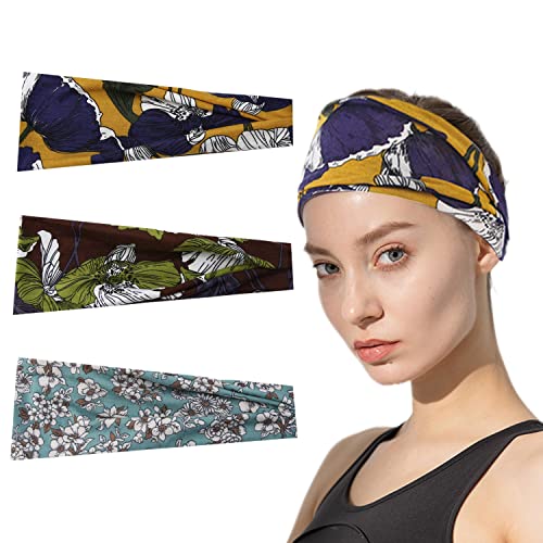 Headbands For Women Boho Hair Bands, Womens Fashion Wide Headband for Workout Running Yoga Sports, Turban Headbands Head Wrap Hair Accessories, 3 Pack