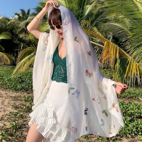 70x35inch Women Silk Feeling Head Hair Satin Scarf Wrapping Long Summer Fashion Lightweight Shawl Travel Beach Airplane (BB beige butterfly)2